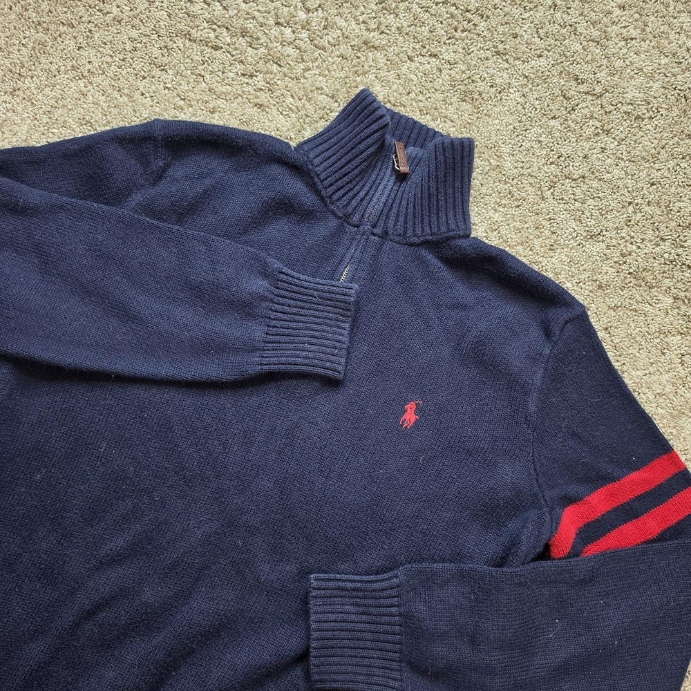 VINTAGE Polo Ralph Lauren Sweater Mens S Navy 1/4 Zip Mock Neck Striped Sleeve